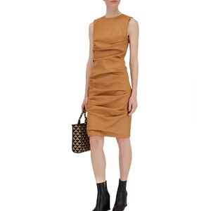 MICHAEL KORS COLLECTION Camel Stretch Plongé Leather Ruched Sheath Dress Size 4